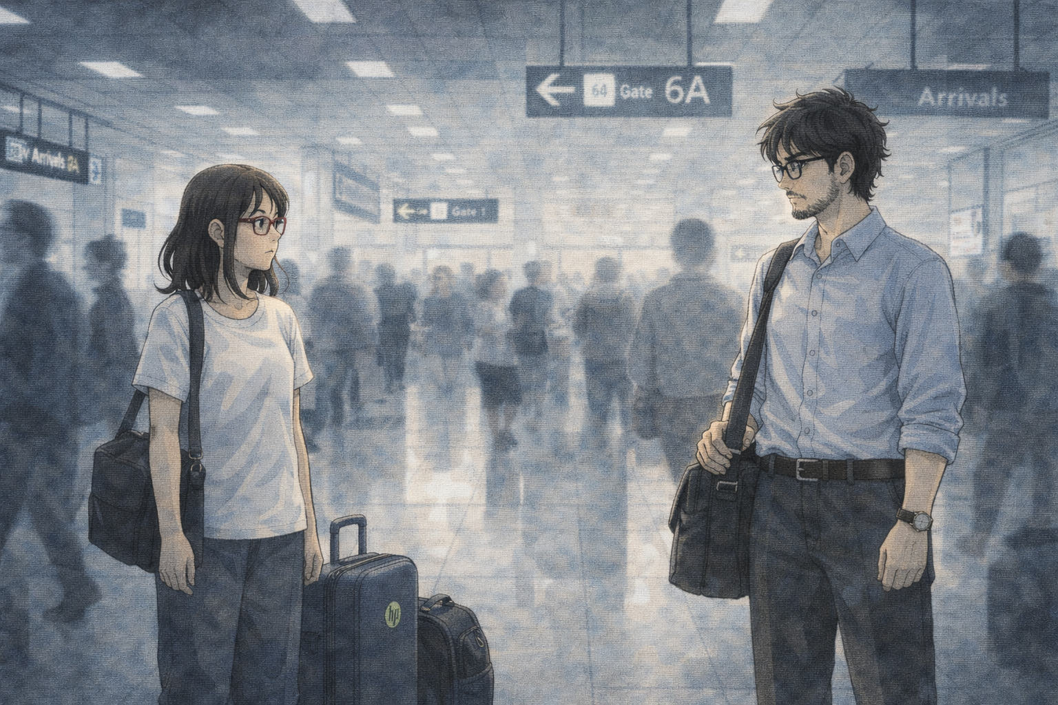 An airport arrivals hall — Faris and Mia stand apart, not embracing. She looks frustrated, he looks dazed. Cooler fluorescent tones.